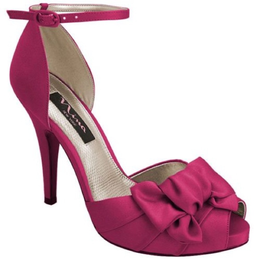 Nina Magenta Satin Bow Peep Toe Pumps